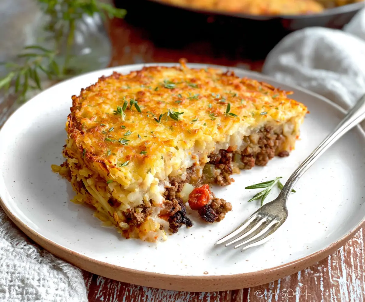 Delicious Hash Brown Shepherd's Pie topped with crispy golden hash browns and savory beef filling.