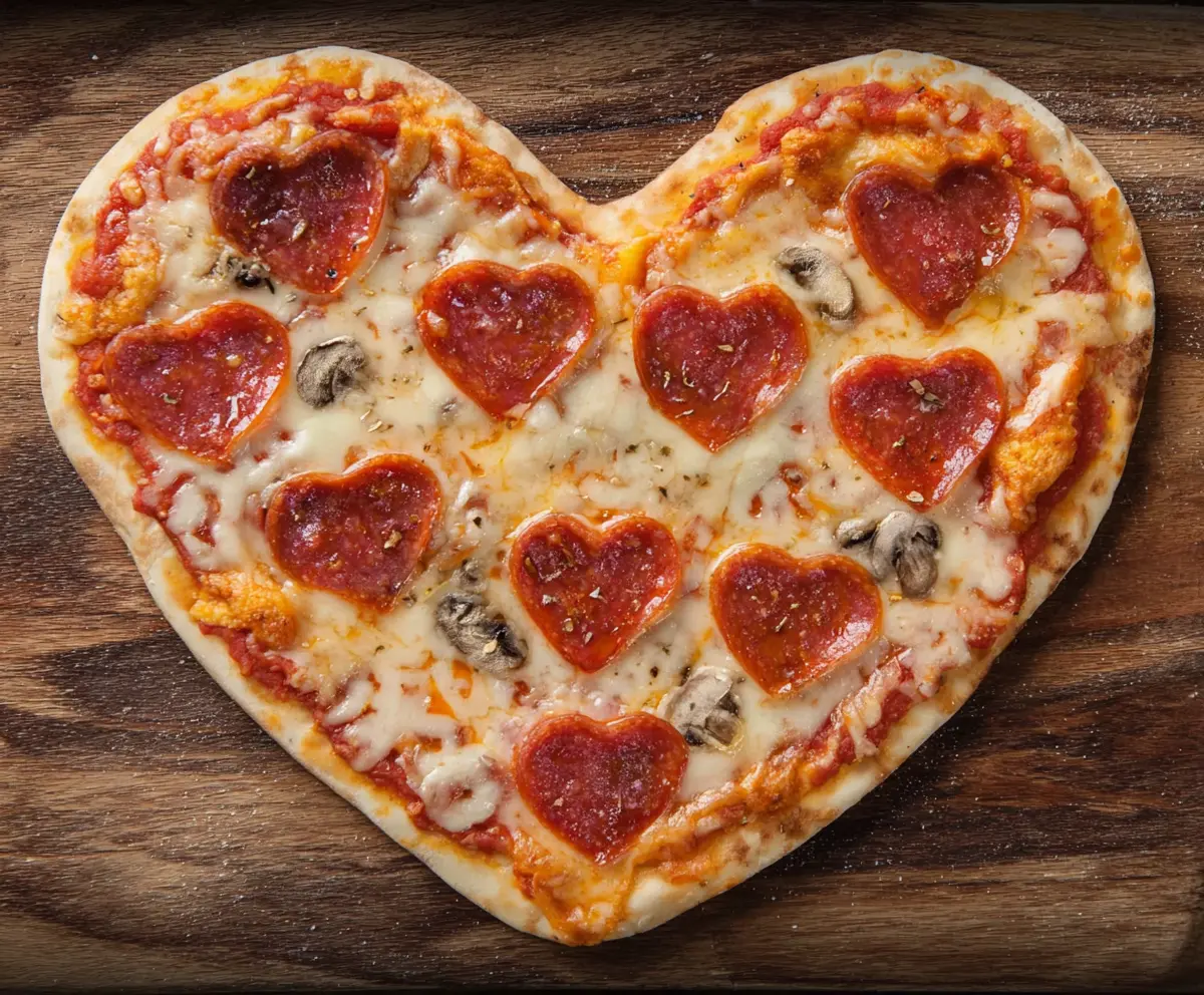 Heart-shaped pizza with pepperoni and cheese, perfect for Valentine's Day celebrations.
