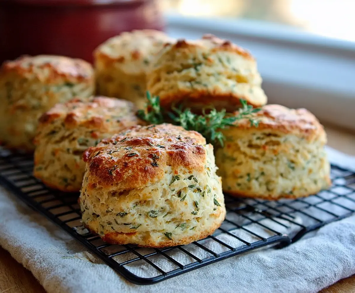Delicious herbed cottage cheese biscuits on a rustic wooden table, showcasing a golden-brown crust and fresh herbs.