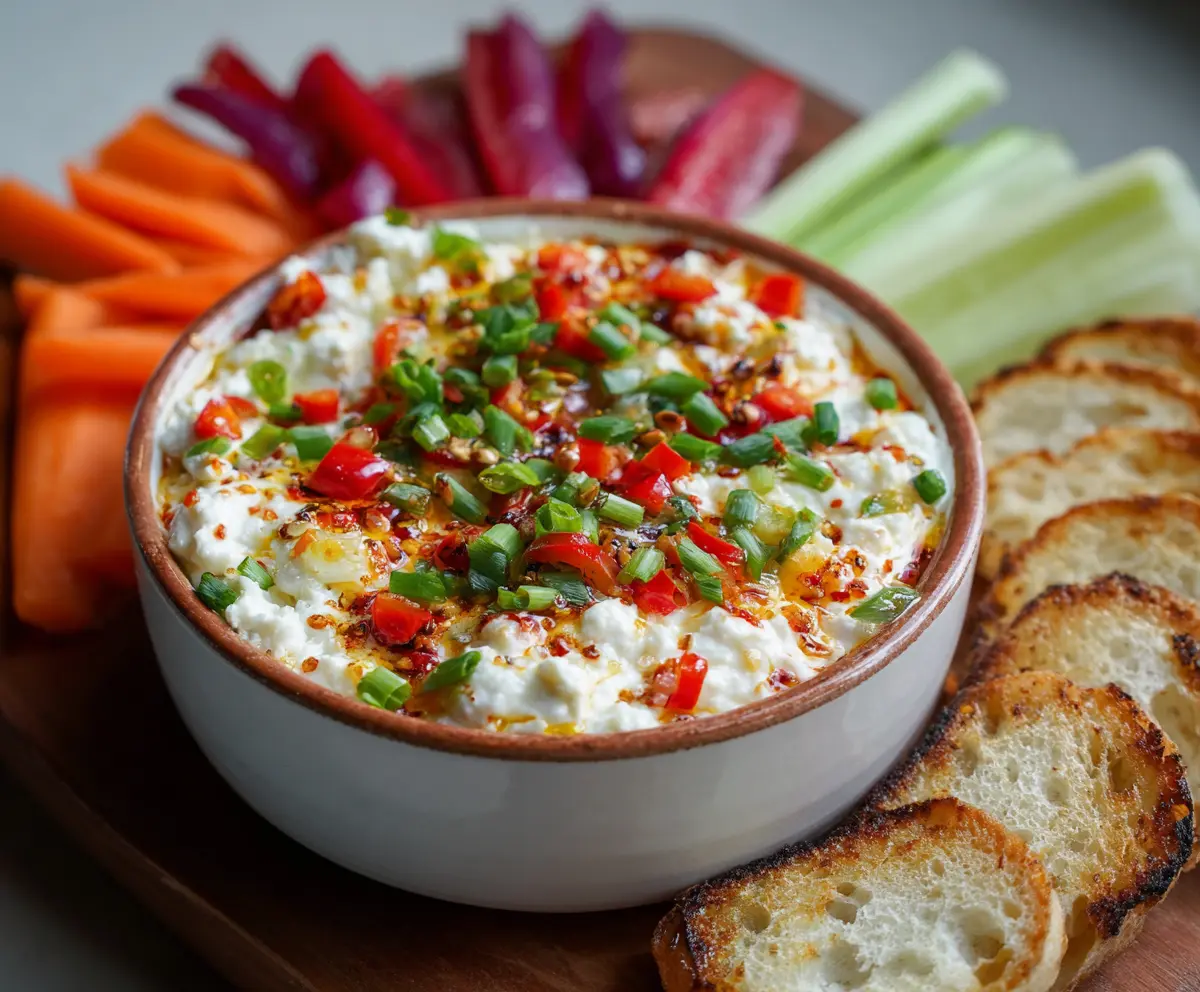 High protein cottage cheese giardiniera dip served with fresh vegetables for healthy snacking.
