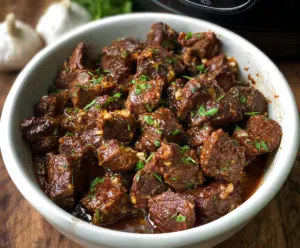 Delicious high protein garlic butter beef bites cooked in a slow cooker, perfect for easy meals.