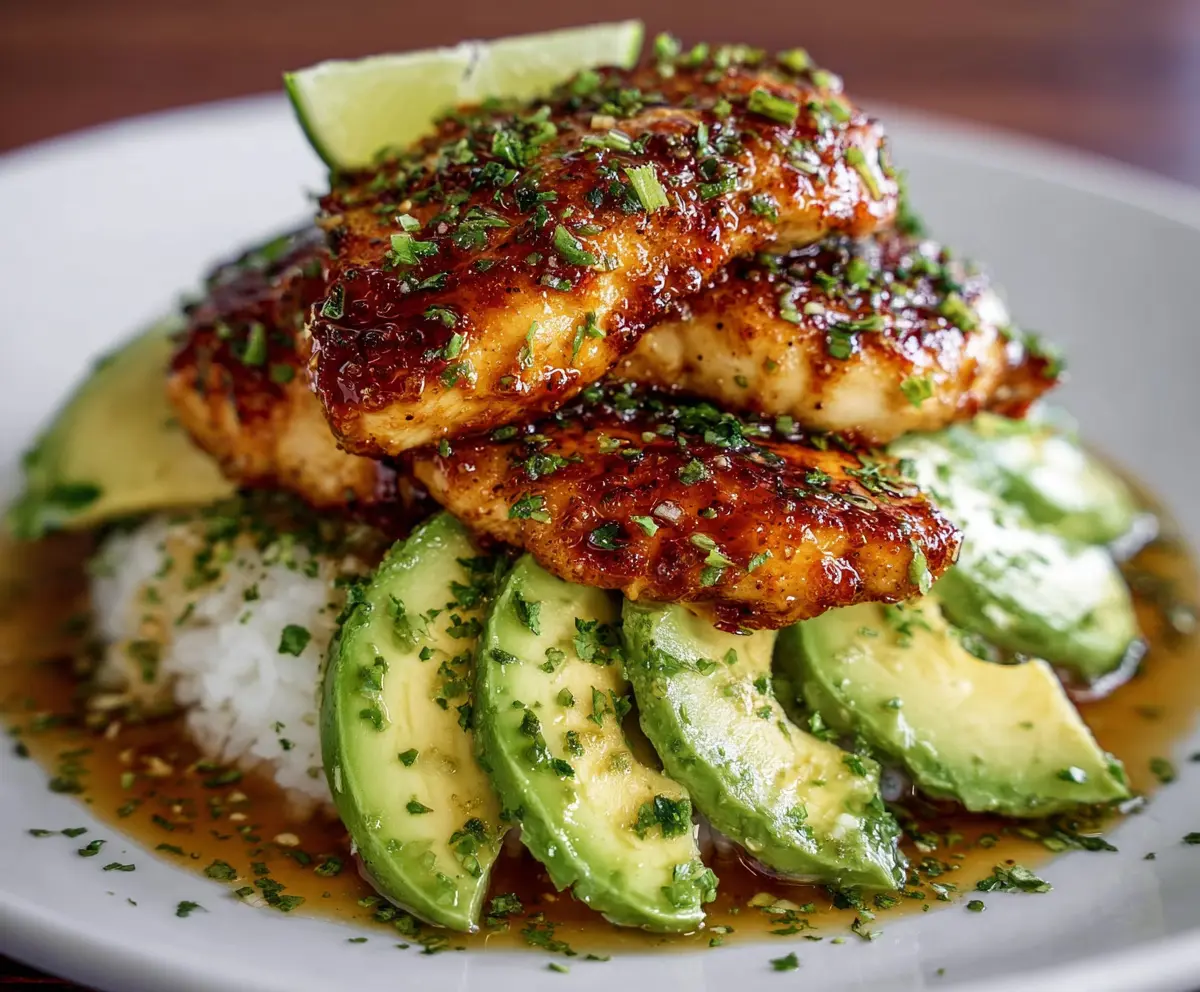 Delicious Honey Lime Chicken served with fresh avocado slices on a white plate