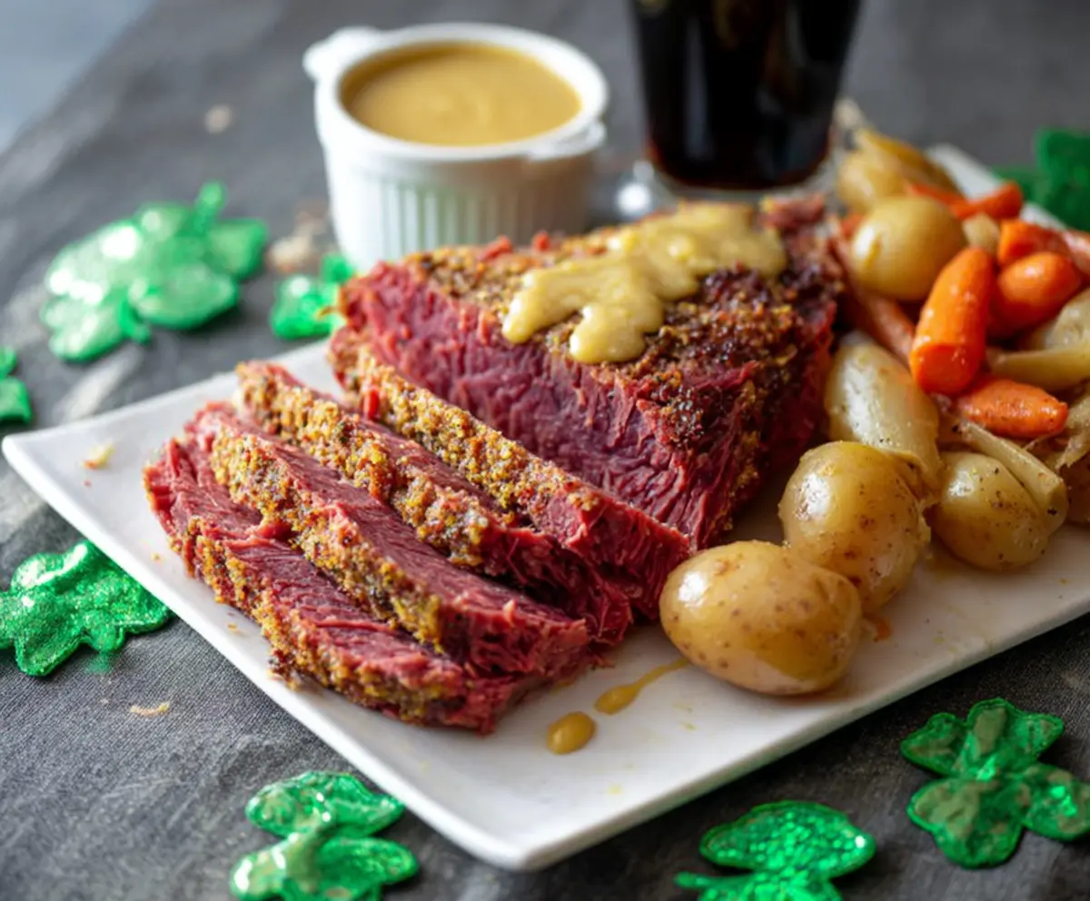 Delicious Instant Pot corned beef with a tangy mustard glaze served on a plate.