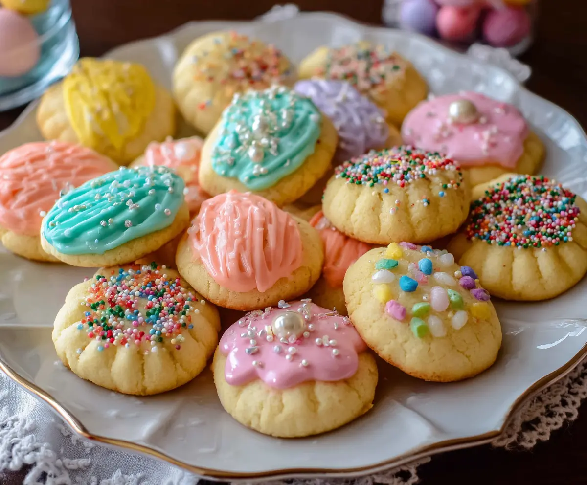 Delicious Italian Easter cookies with colorful sprinkles and festive decorations on a plate.