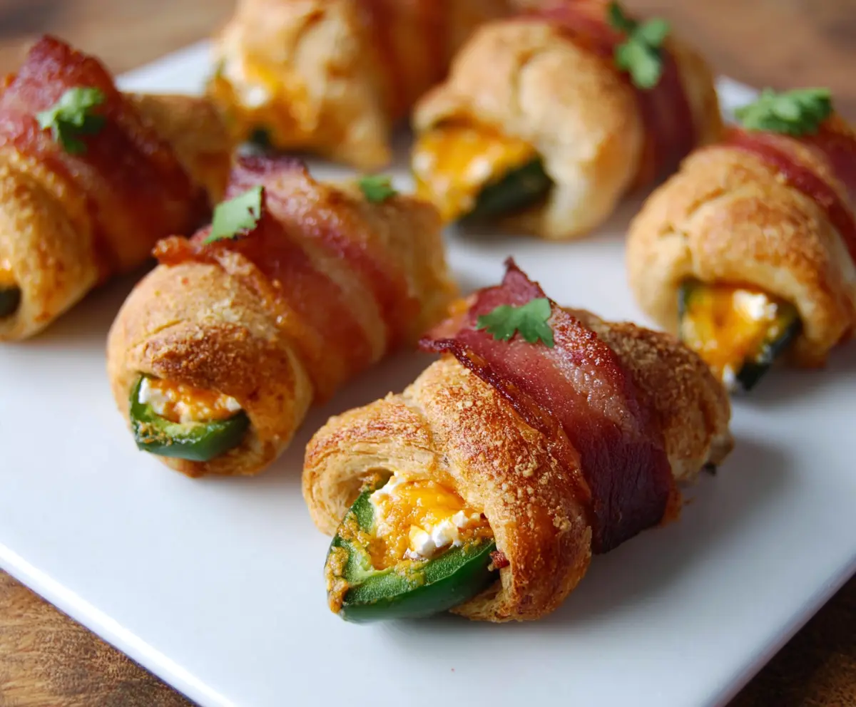 Delicious Jalapeño Popper Pigs In A Blanket served on a platter with melted cheese and fresh herbs