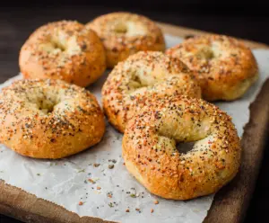 Delicious homemade keto bagels with a golden crust and topped with sesame seeds.