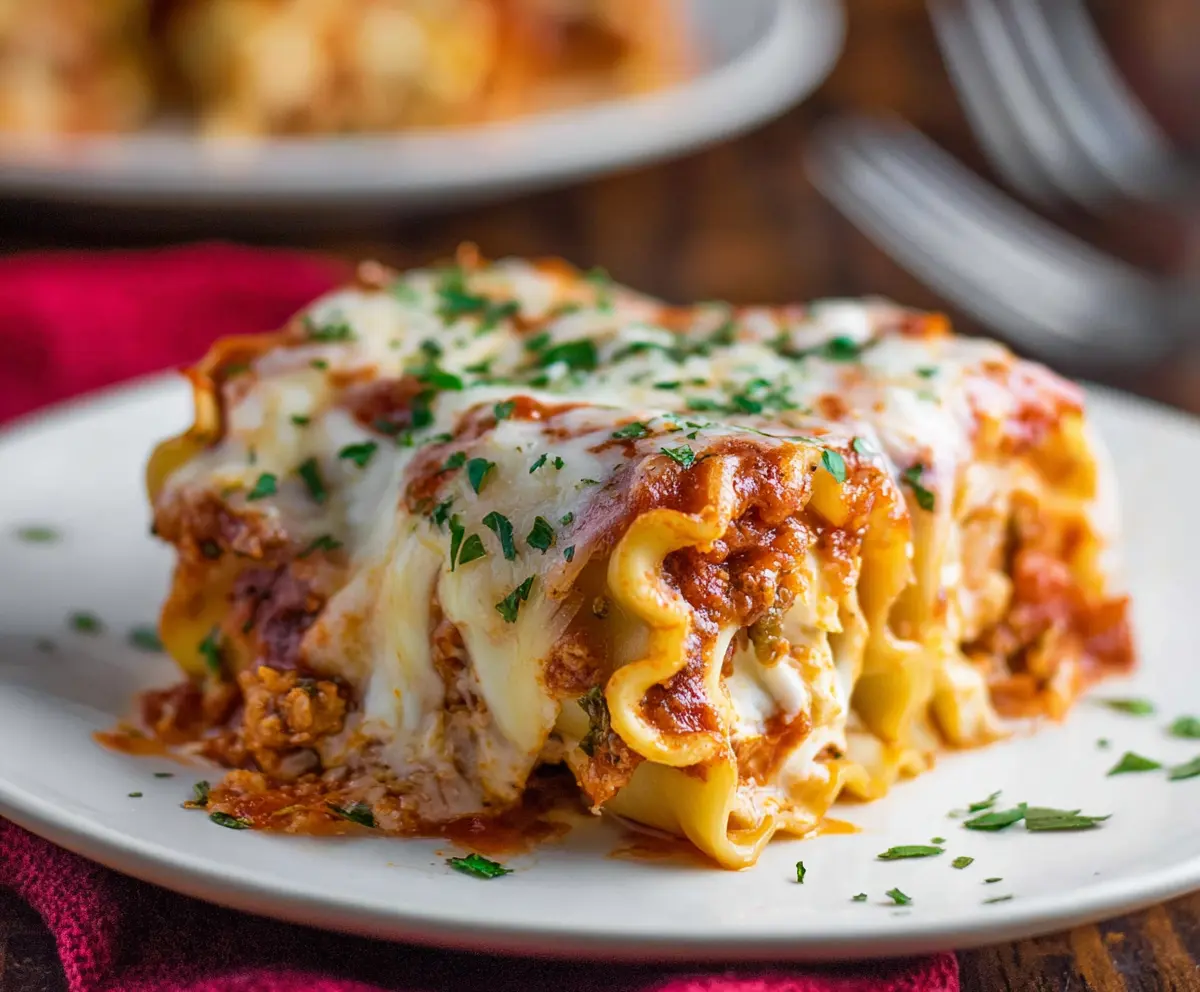 Delicious homemade lasagna roll ups with melted cheese and rich tomato sauce.