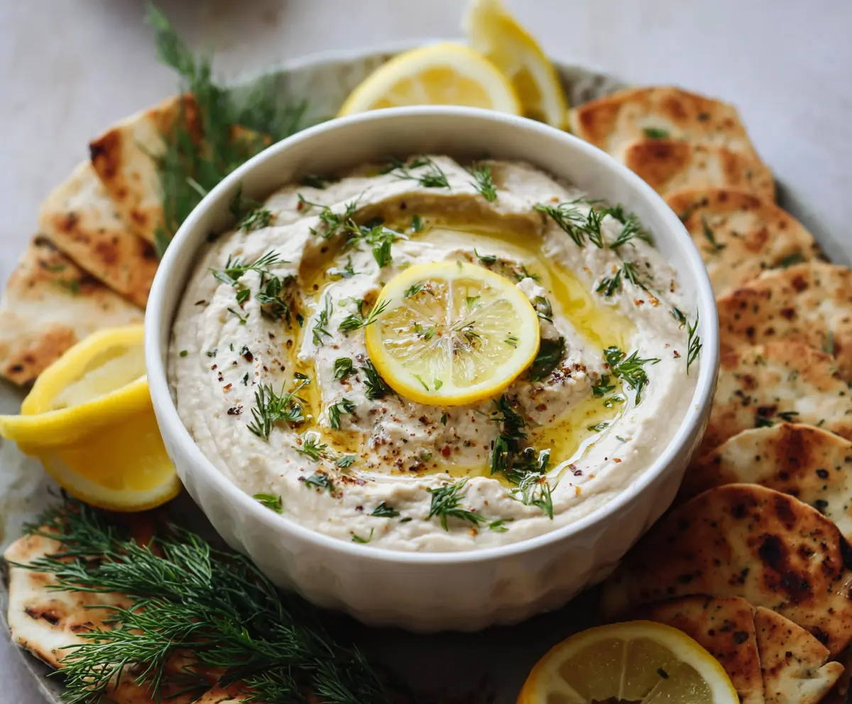Creamy lemon and herb white bean dip served with fresh vegetables on a white plate.