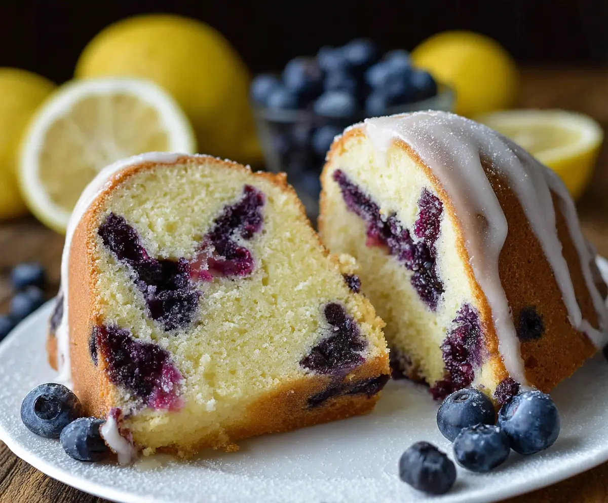 Delicious Lemon Blueberry Pound Cake with fresh blueberries and zesty lemon glaze.