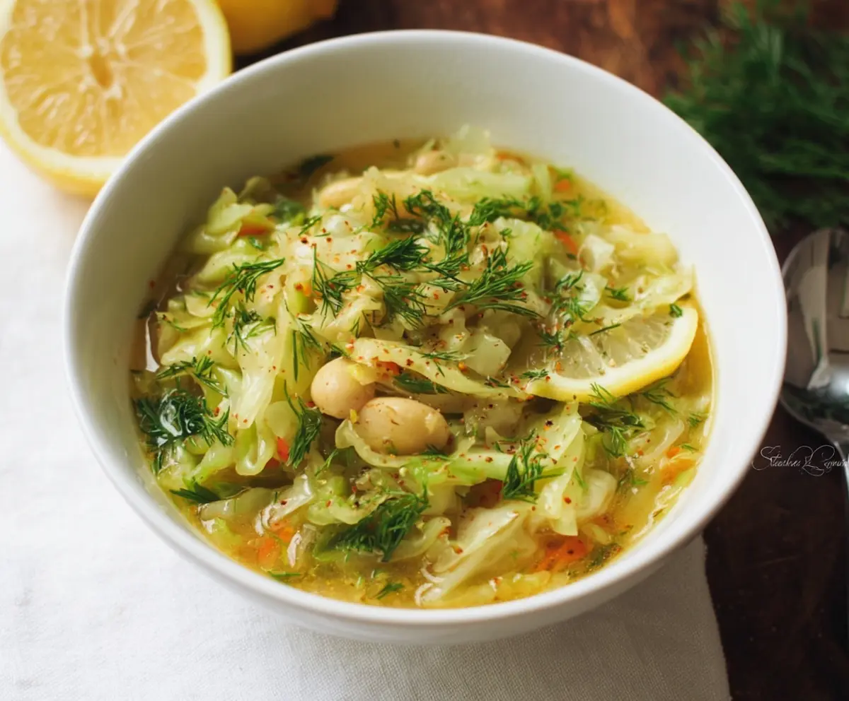 A steaming bowl of Lemon Dill Cabbage Soup garnished with fresh dill and lemon slices, perfect for a healthy meal.