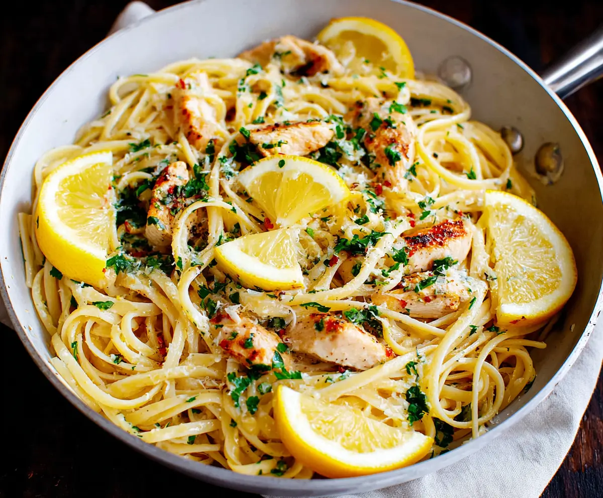 Delicious Lemon Garlic Chicken Pasta with fresh herbs and zesty lemon slices on a white plate.
