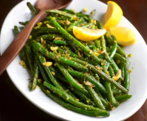 Fresh Lemon Green Beans dish garnished with lemon slices and herbs, vibrant and appealing for a healthy meal.