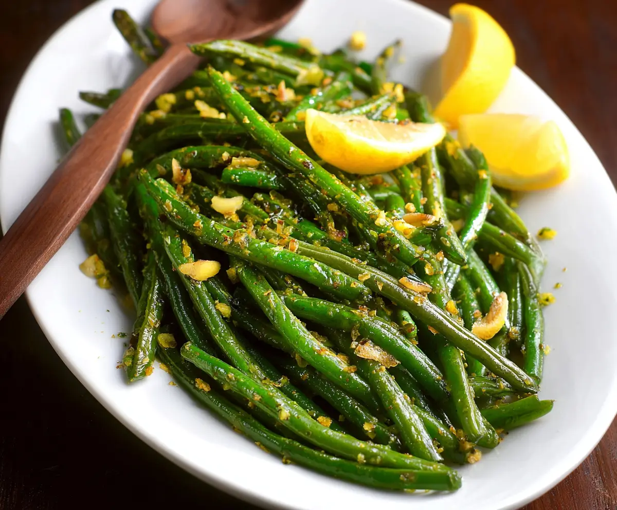 Fresh Lemon Green Beans dish garnished with lemon slices and herbs, vibrant and appealing for a healthy meal.