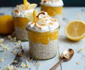 Delicious Lemon Meringue Pie Overnight Oats in a glass jar topped with lemon slices and fluffy meringue.