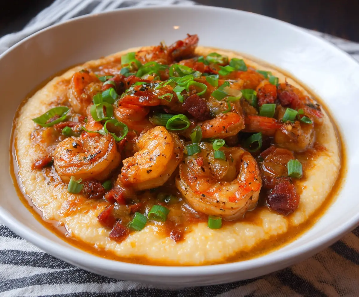 Delicious Louisiana Shrimp and Grits dish served in a rustic bowl, garnished with fresh herbs.