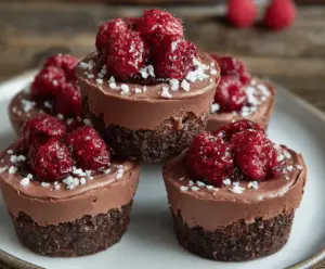 Delicious Marry Me Raspberry Chocolate Mousse Cups topped with fresh raspberries and chocolate shavings.
