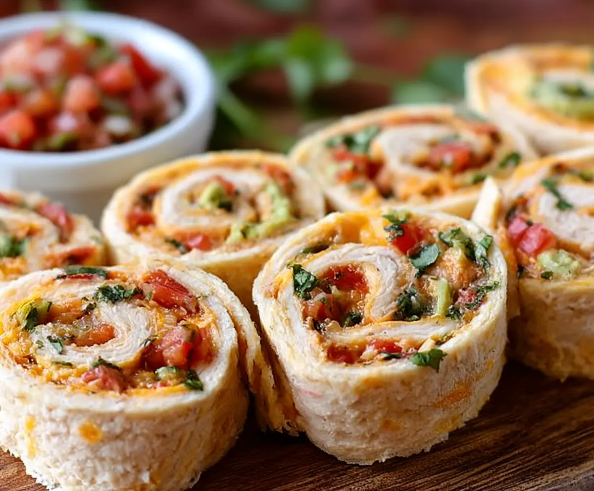 Delicious Mexican Chicken Pinwheel Roll-ups with colorful ingredients and melted cheese