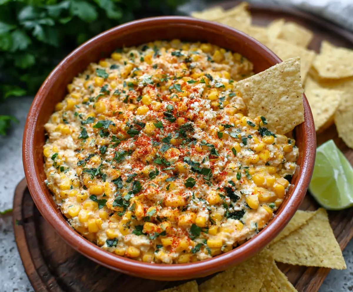Delicious Mexican corn dip garnished with cilantro and cheese, perfect for parties and snacks.