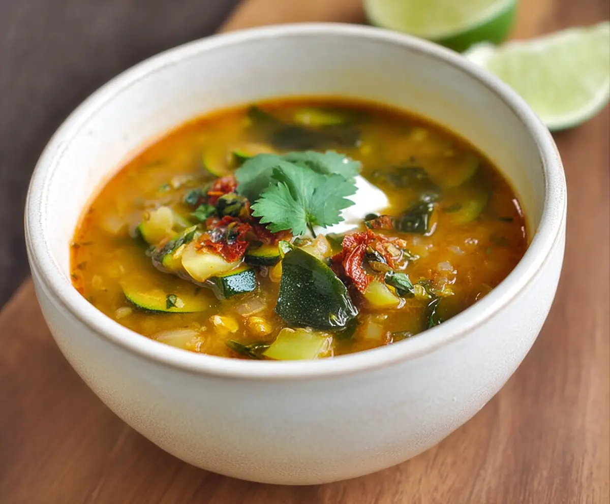 Delicious Mexican zucchini soup served in a bowl with fresh cilantro and lime garnish.