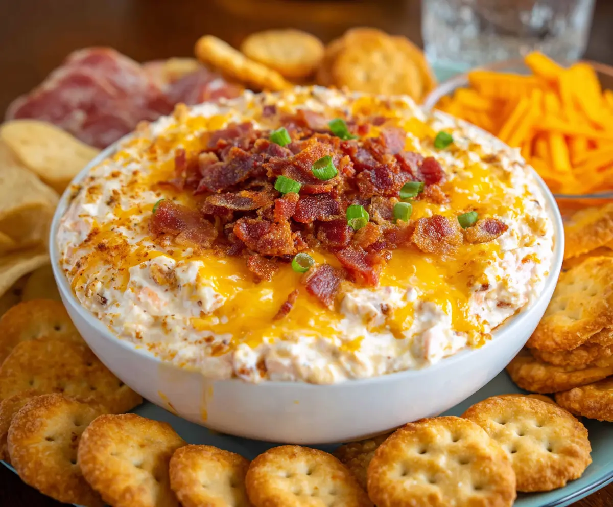 Creamy Million Dollar Dip with crispy bacon and melted cheese served in a bowl.