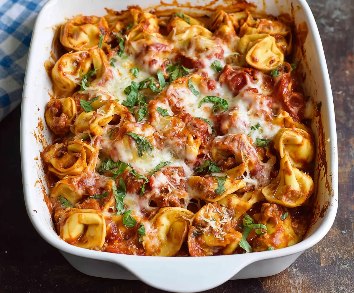 Delicious Million Dollar Tortellini Casserole with cheese and savory sauce in a baking dish