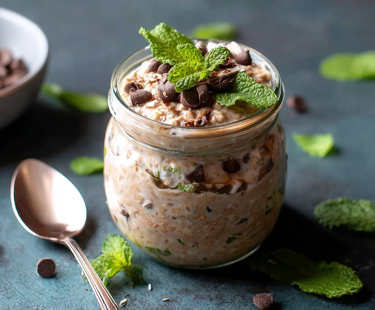 Creamy Mint Chocolate Chip Overnight Oats in a glass jar with fresh mint leaves and chocolate chips on top.