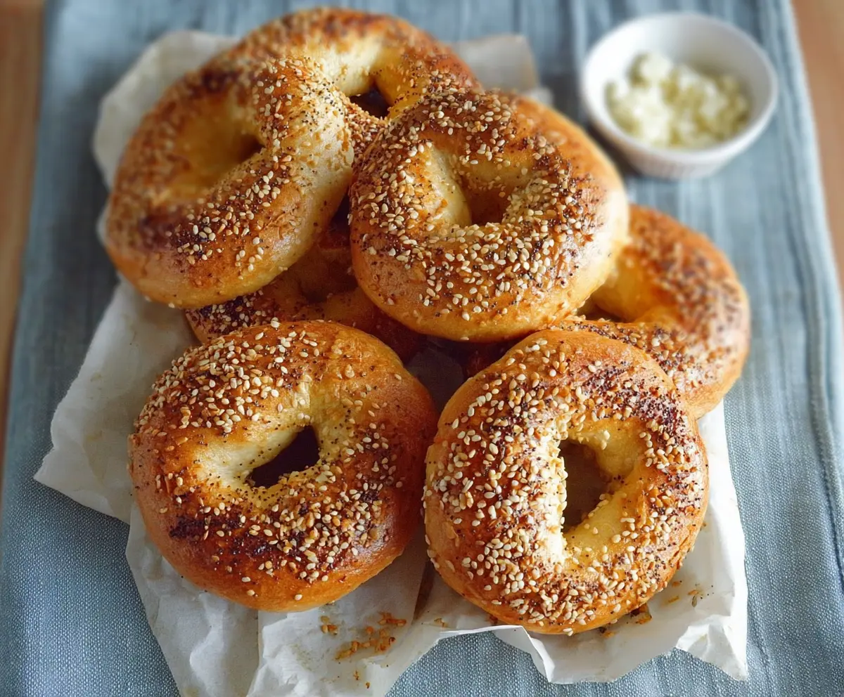 Golden Montreal style bagels with a shiny crust on a wooden surface.