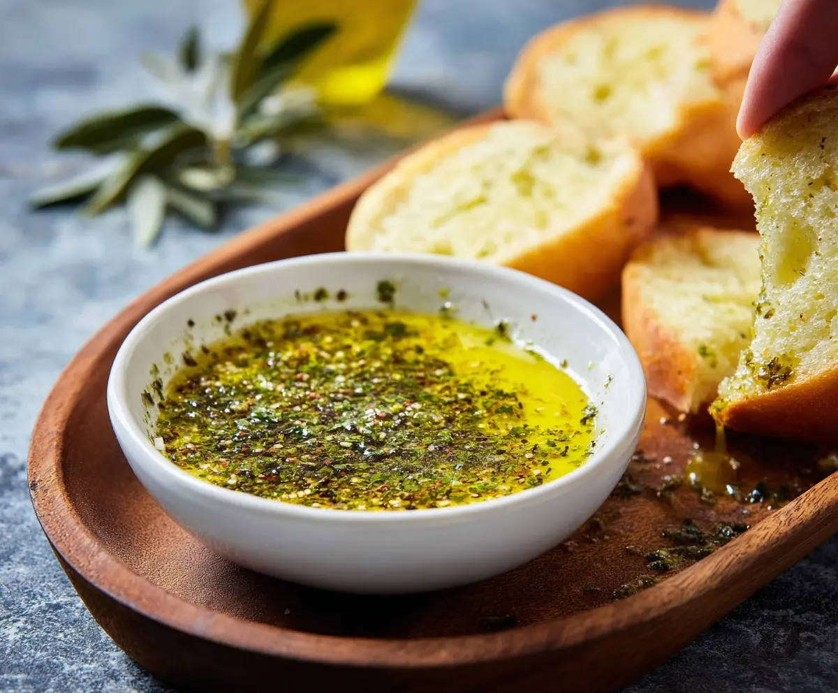 A close-up of a Mediterranean-inspired olive oil bread dip with herbs and spices served in a small bowl.