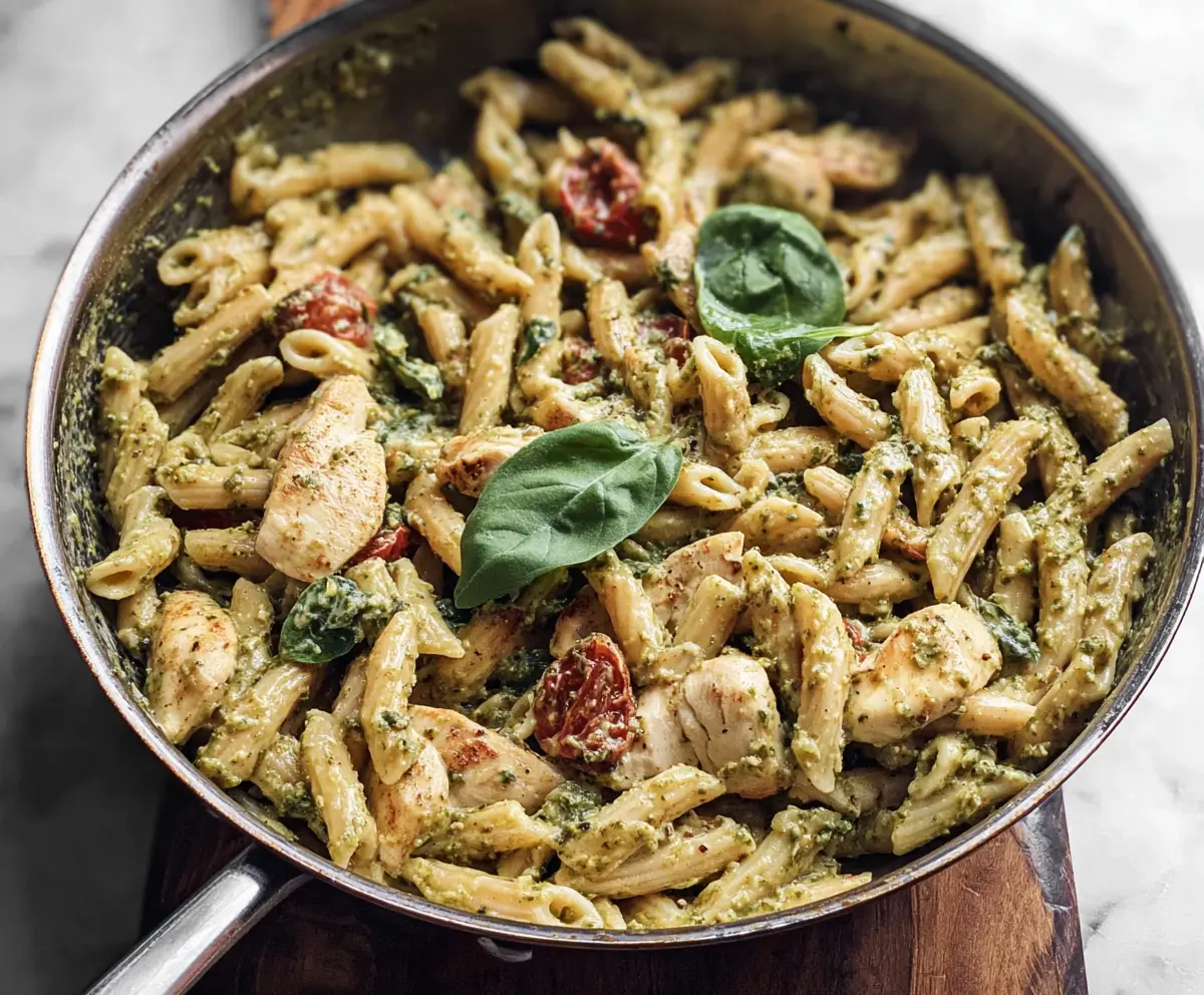 Delicious One Pan Pesto Chicken Pasta in a skillet with fresh herbs and cherry tomatoes