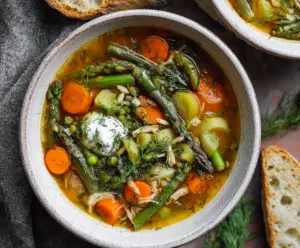 Delicious one-pot spring vegetable soup with fresh seasonal ingredients in a bowl.