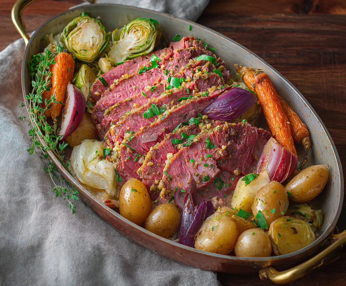 Delicious oven roasted corned beef with cabbage and vegetables on a serving platter.