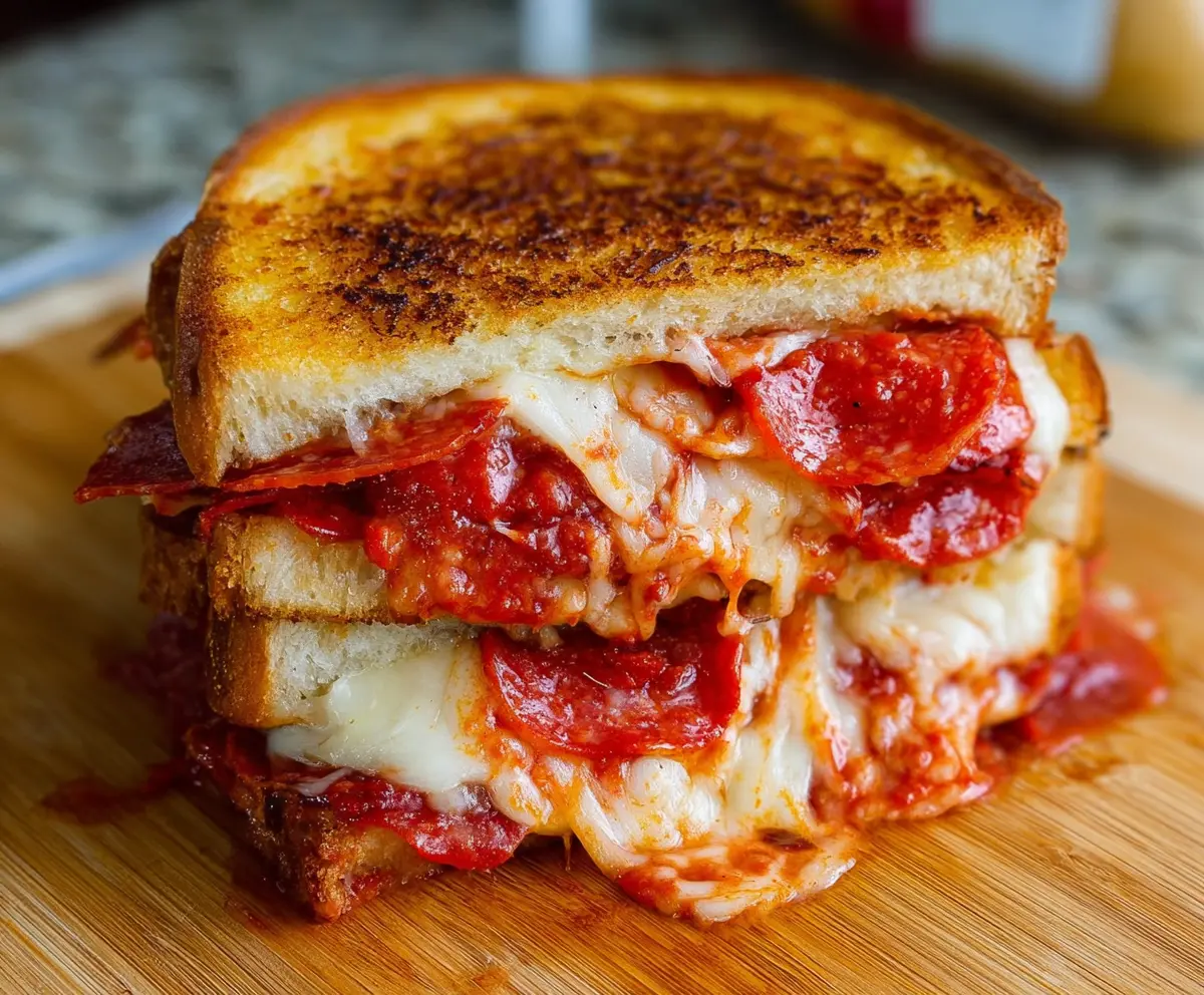 Delicious pepperoni pizza grilled cheese sandwich with melted cheese and crispy bread.