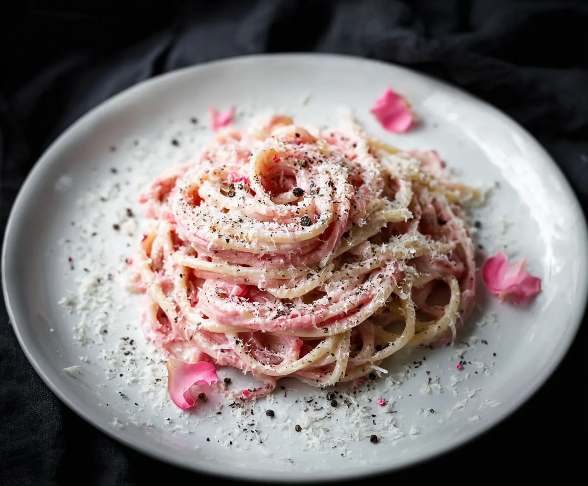 Delicious Pink Cacio E Pepe pasta dish garnished with pepper and cheese