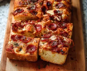 Delicious homemade pizza bread with melted cheese and savory toppings on a rustic wooden serving board.