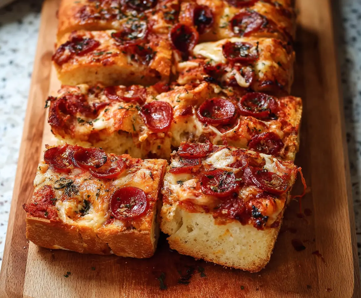 Delicious homemade pizza bread with melted cheese and savory toppings on a rustic wooden serving board.