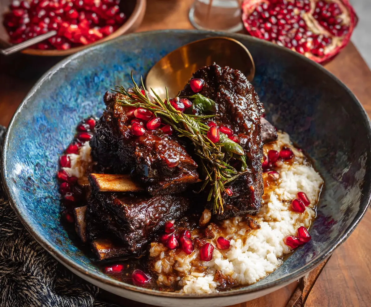 Delicious pomegranate braised short ribs garnished with fresh herbs on a rustic plate.