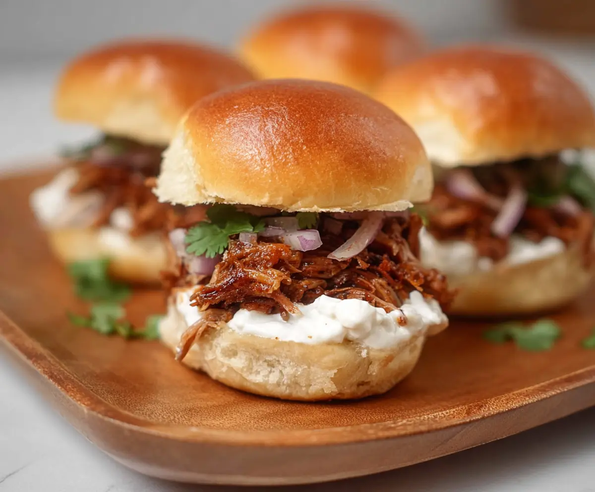 Delicious pulled pork sliders with fresh buns and toppings, perfect for a tasty appetizer or meal.