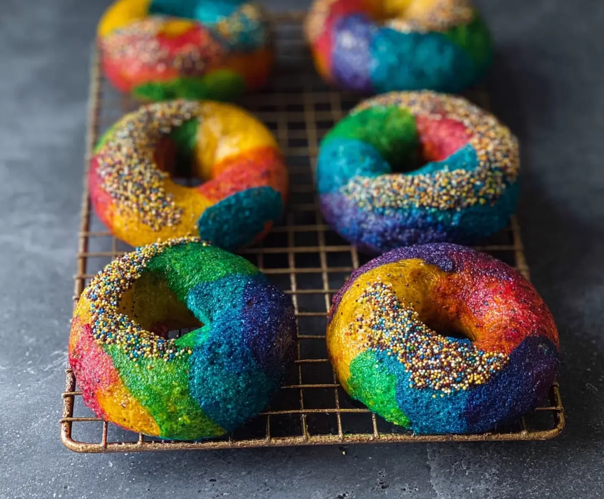 Colorful rainbow bagels with vibrant frosting and rainbow sprinkles on a white plate.