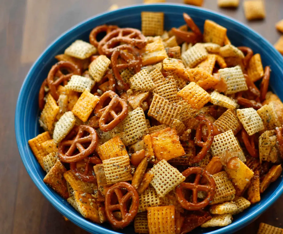 Delicious homemade Ranch Chex Mix with crunchy cereal, pretzels, and seasoning