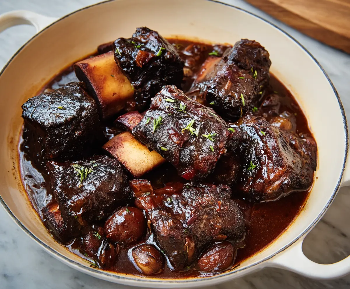 Delicious Red Wine Braised Short Ribs served with vegetables on a rustic plate