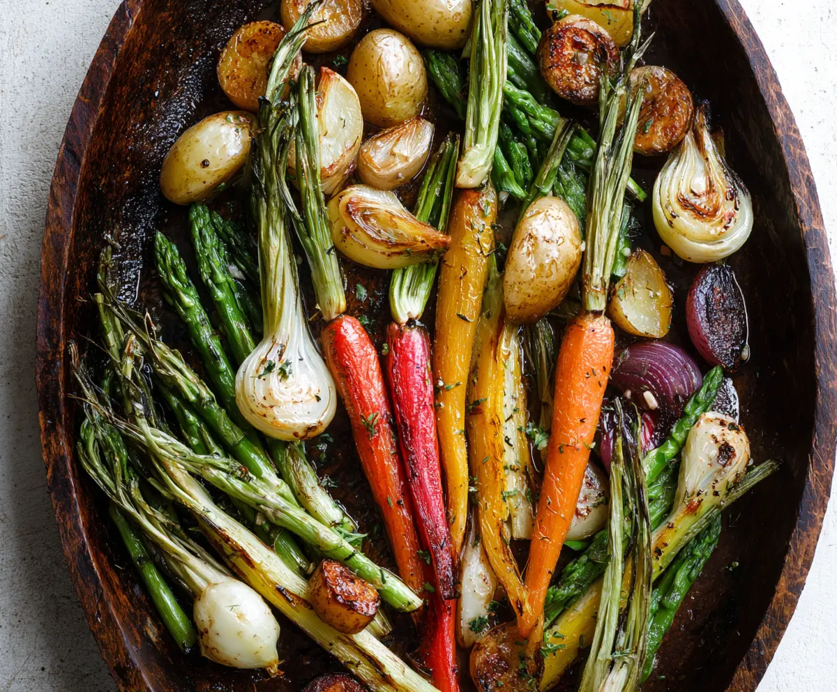 Colorful roasted spring vegetables including asparagus, carrots, and bell peppers on a baking tray