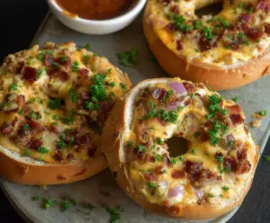 Delicious savory quiche stuffed bagels featuring a golden-brown crust and creamy filling for breakfast or brunch.