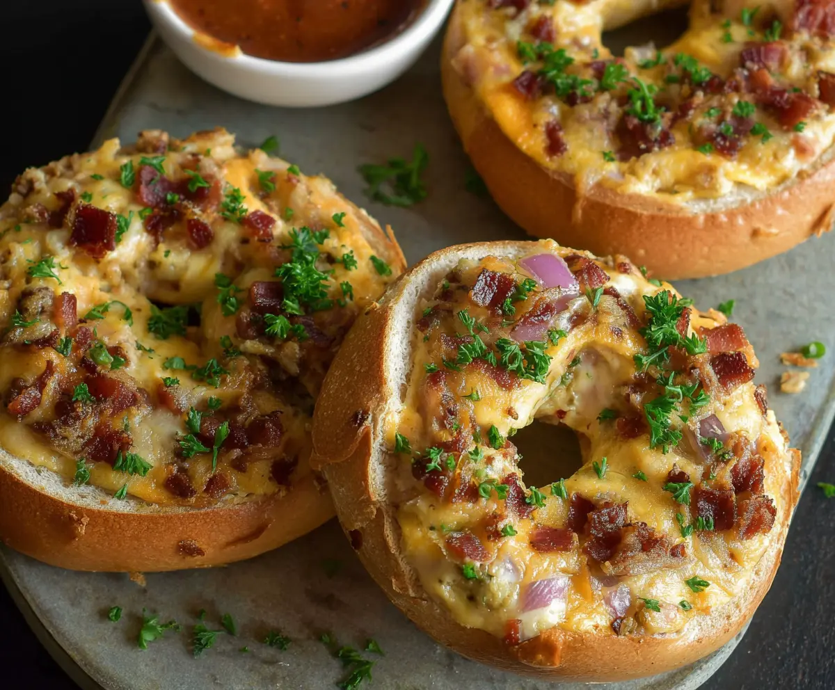 Delicious savory quiche stuffed bagels featuring a golden-brown crust and creamy filling for breakfast or brunch.