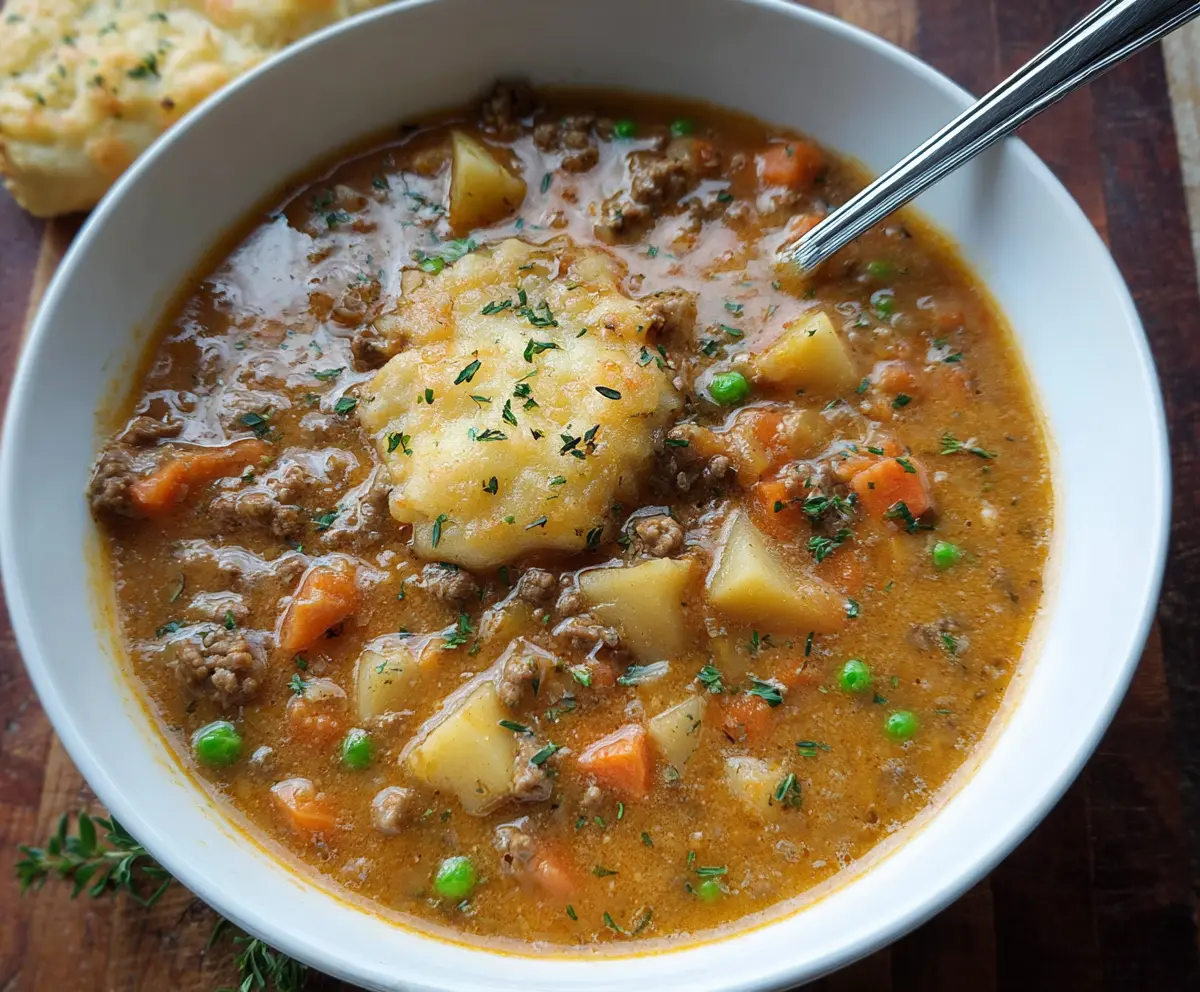 Hearty Shepherd's Pie Soup with mashed potatoes, ground beef, and vegetables in a bowl.