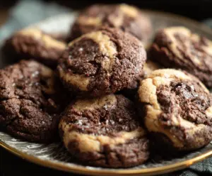Delicious sourdough chocolate peanut butter swirl cookies fresh out of the oven.