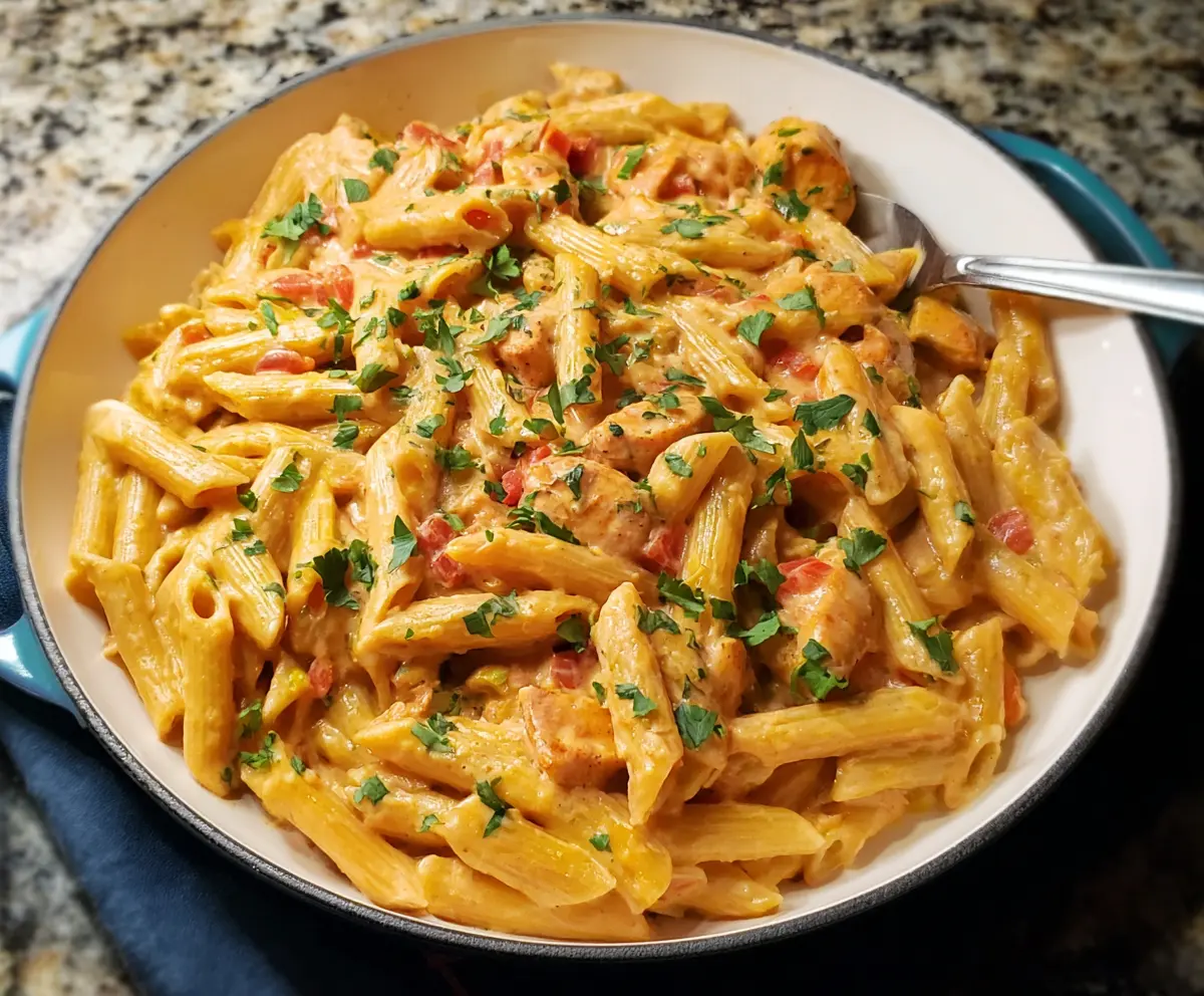 Creamy Southwest Alfredo Penne Pasta with vibrant vegetables and seasoned chicken