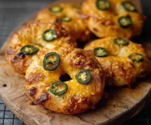 Delicious spicy jalapeño cheddar bagels fresh out of the oven, perfect for breakfast or a snack.