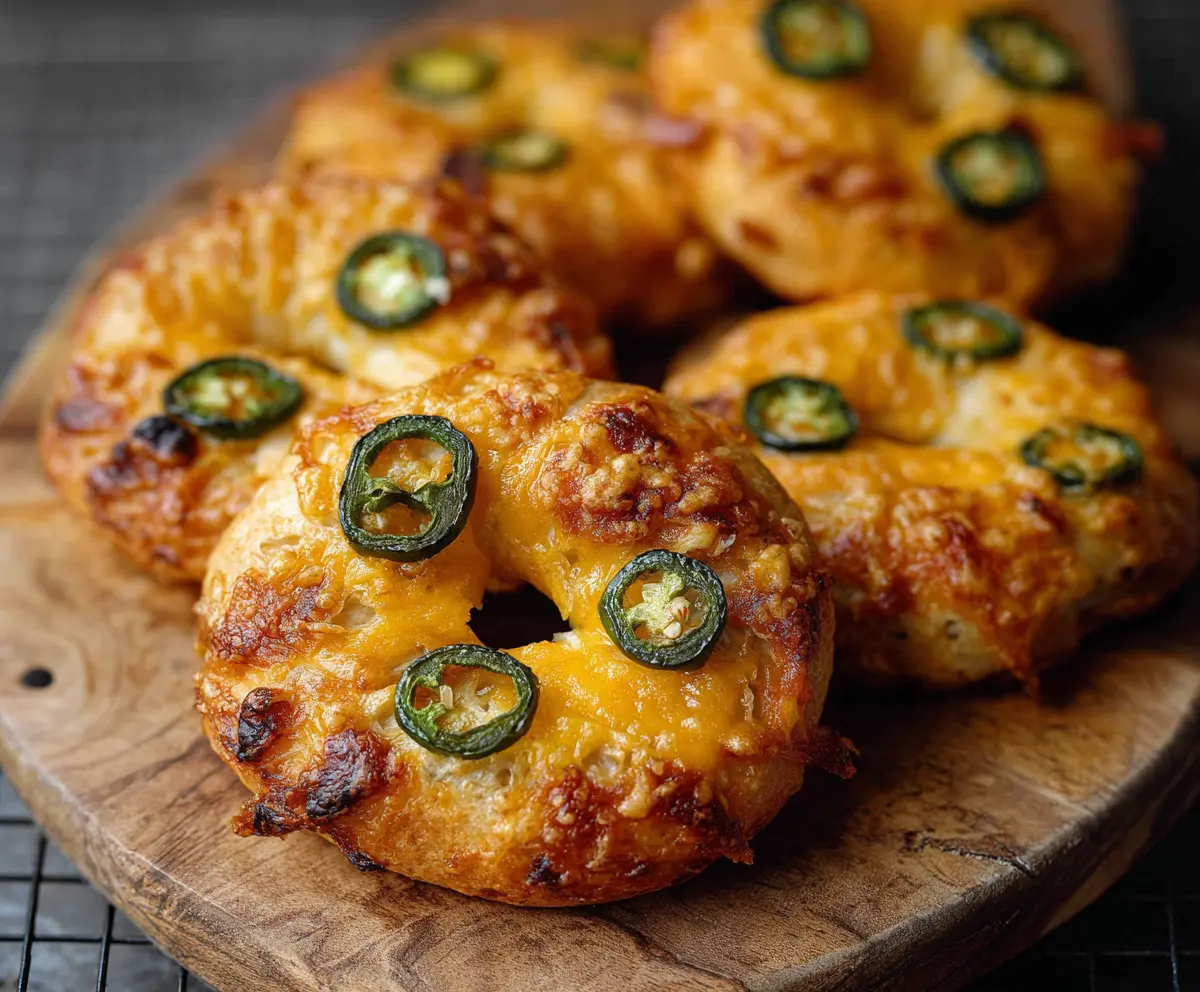 Delicious spicy jalapeño cheddar bagels fresh out of the oven, perfect for breakfast or a snack.