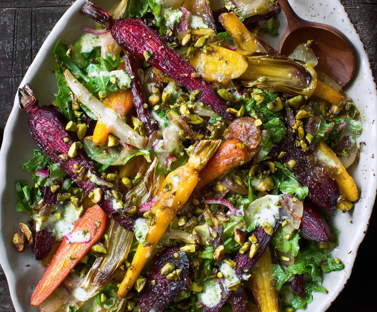 Vibrant spring root vegetable salad topped with pistachio vinaigrette in a bowls