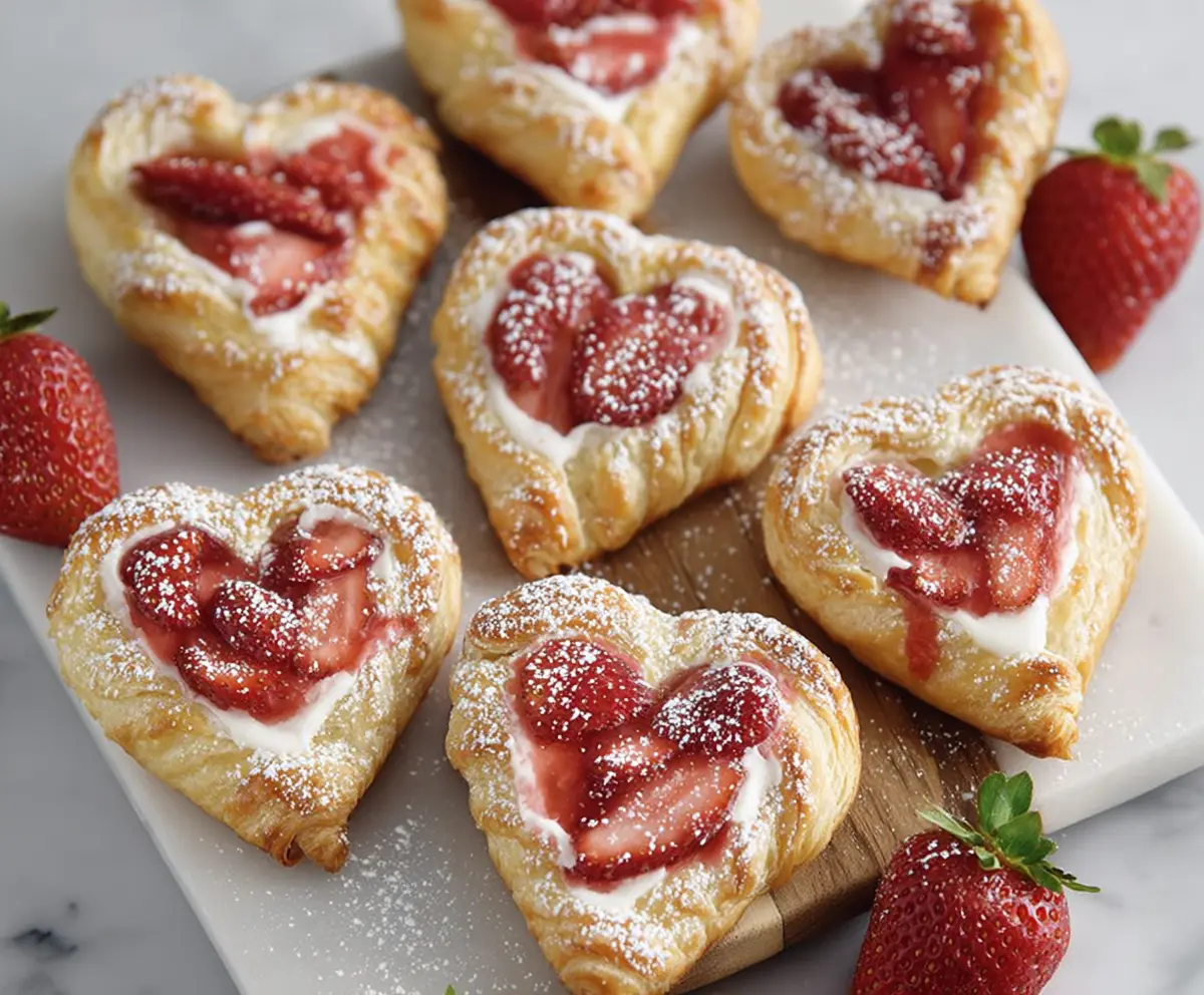 Close-up of freshly baked Strawberry Danish Hearts with glazed strawberry topping and flaky pastry crust.